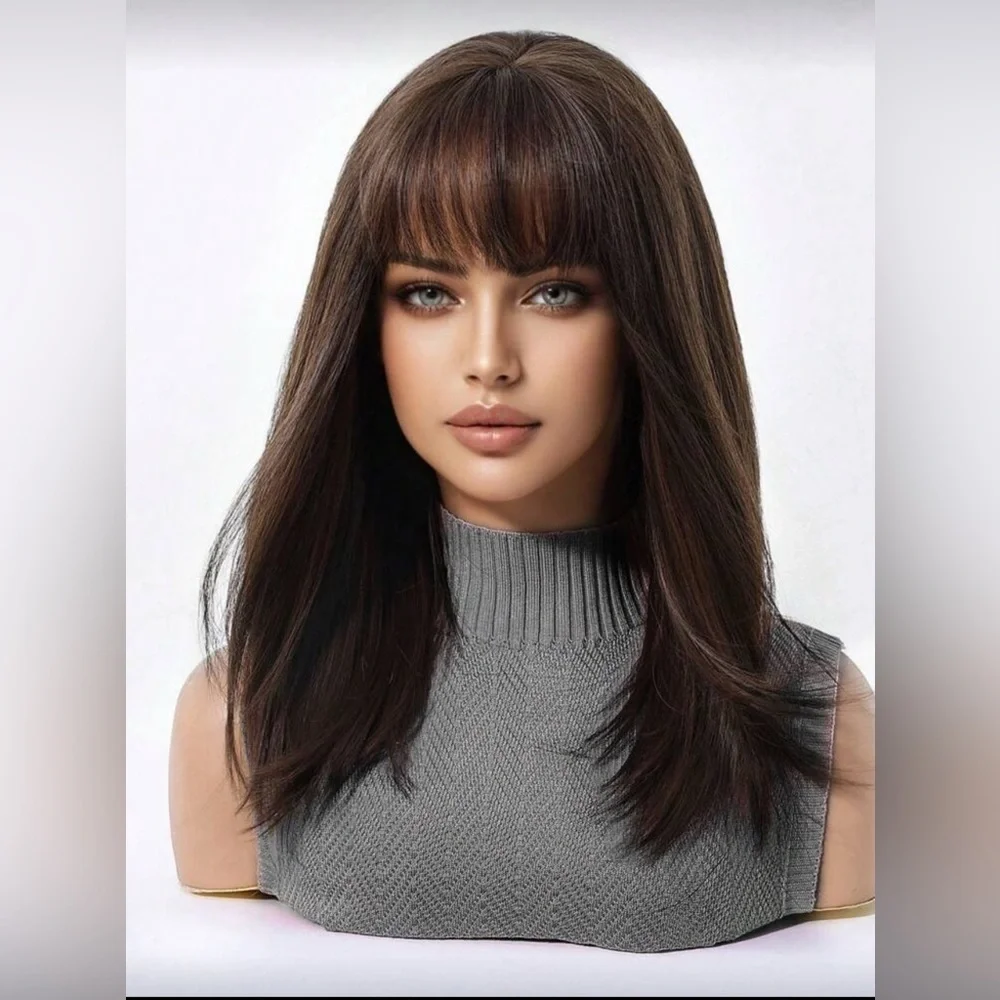 Dark Chocolate Brown Short Wig With Bangs